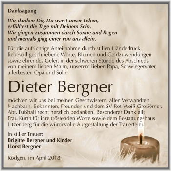 Traueranzeige von Dieter Bergner von Wochenspiegel Mansfelder Land
