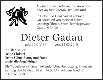 Traueranzeige von Dieter Gadau von Super Sonntag Wittenberg