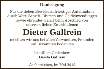 Traueranzeige von Dieter Gallrein von Super Sonntag Aschersleben