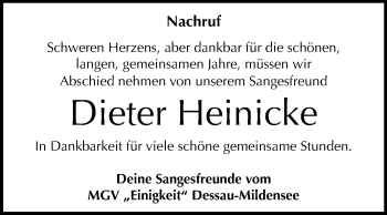 Traueranzeige von Dieter Heinicke von Mitteldeutsche Zeitung Dessau-Roßlau