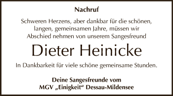 Traueranzeige von Dieter Heinicke von WVG - Wochenspiegel Dessau / Köthen