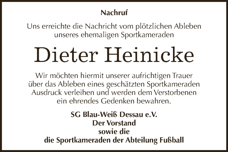  Traueranzeige für Dieter Heinicke vom 19.05.2018 aus WVG - Wochenspiegel Dessau / Köthen