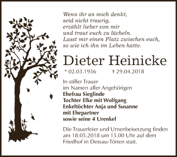 Traueranzeige von Dieter Heinicke von WVG - Wochenspiegel Dessau / Köthen