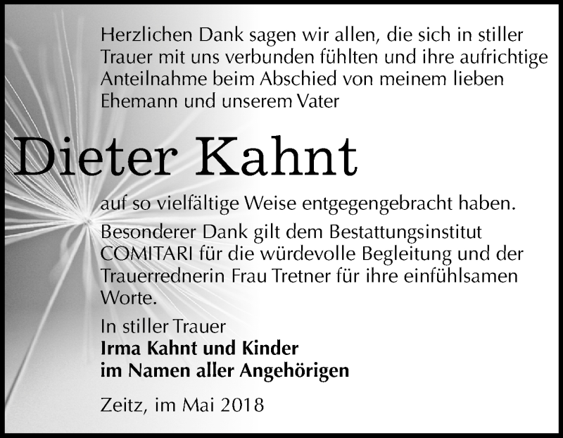  Traueranzeige für Dieter & Irma Kahnt vom 26.05.2018 aus Mitteldeutsche Zeitung