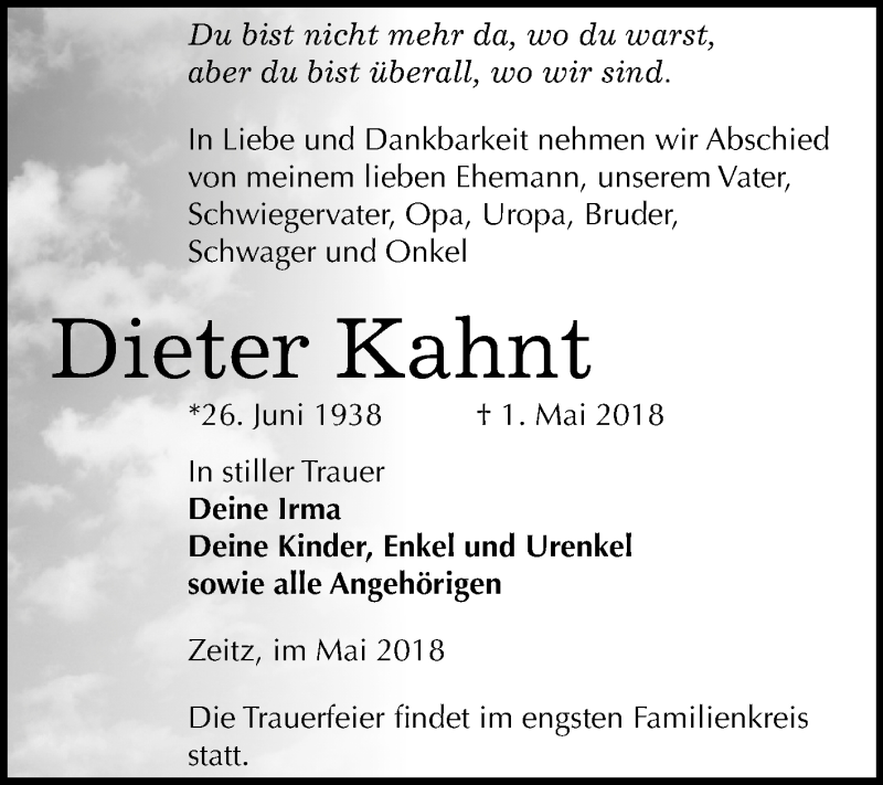  Traueranzeige für Dieter & Irma Kahnt vom 05.05.2018 aus Mitteldeutsche Zeitung