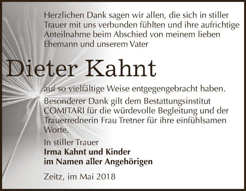  Traueranzeige für Dieter & Irma Kahnt vom 26.05.2018 aus Super Sonntag Zeitz
