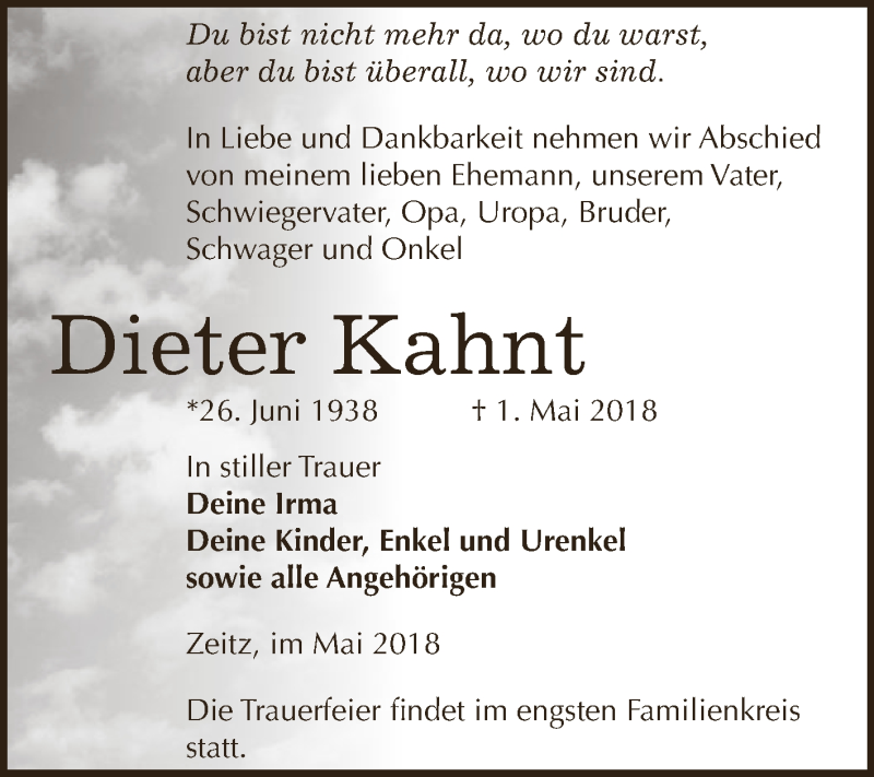  Traueranzeige für Dieter & Irma Kahnt vom 05.05.2018 aus Super Sonntag Zeitz