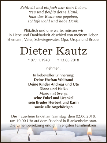 Traueranzeige von Dieter Kautz von Super Sonntag SGH Mansf. Land