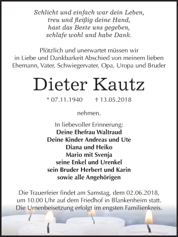 Traueranzeige von Dieter Kautz von Mitteldeutsche Zeitung