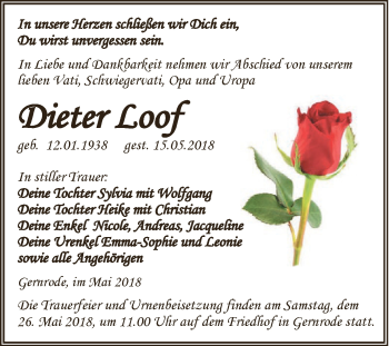 Traueranzeige von Dieter Loof von Super Sonntag Aschersleben