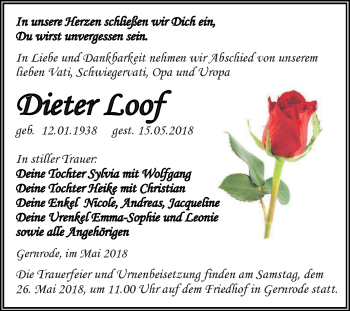 Traueranzeige von Dieter Loof von Mitteldeutsche Zeitung Quedlinburg