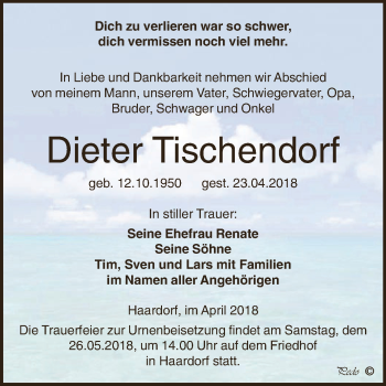 Traueranzeige von Dieter Tischendorf von Super Sonntag Zeitz