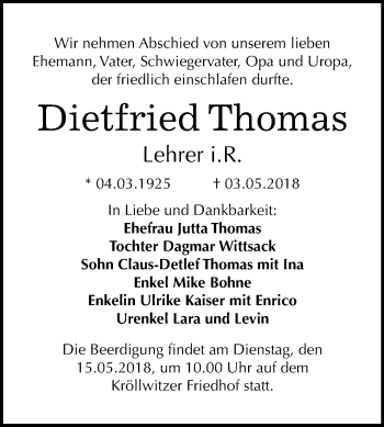 Traueranzeige von Dietfried Thomas von Mitteldeutsche Zeitung Halle/Saalkreis