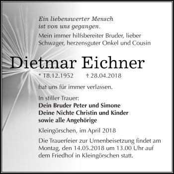Traueranzeige von Dietmar Eichner von Super Sonntag Merseburg
