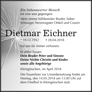 Traueranzeige von Dietmar Eichner von Mitteldeutsche Zeitung Weißenfels
