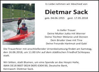 Traueranzeige von Dietmar Sack von WVG - Wochenspiegel Merseburg