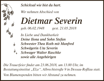 Traueranzeige von Dietmar Severin von WVG - Wochenspiegel Dessau / Köthen