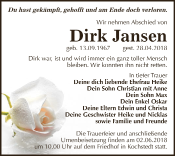 Traueranzeige von Dirk Jansen von WVG - Wochenspiegel Dessau / Köthen