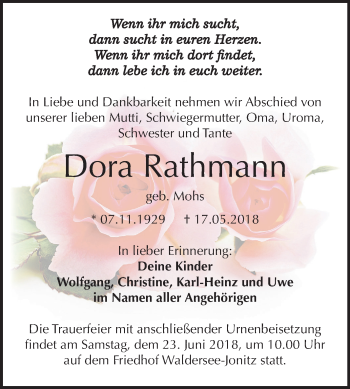 Traueranzeige von Dora Rathmann von Mitteldeutsche Zeitung Dessau-Roßlau