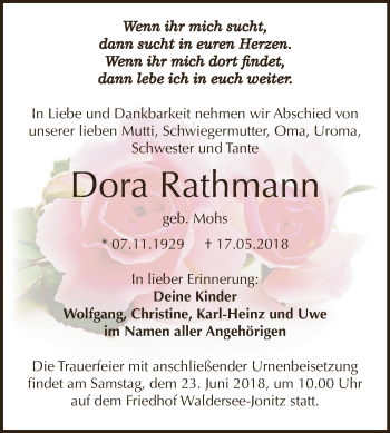 Traueranzeige von Dora Rathmann von WVG - Wochenspiegel Dessau / Köthen