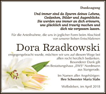 Traueranzeige von Dora Rzadkowski von Wochenspiegel Mansfelder Land