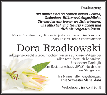 Traueranzeige von Dora Rzadkowski von Mitteldeutsche Zeitung