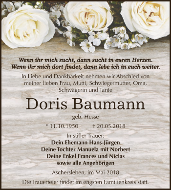 Traueranzeige von Doris Baumann von Super Sonntag Aschersleben