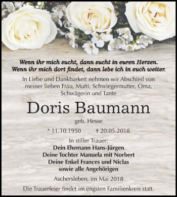 Traueranzeige von Doris Baumann von Mitteldeutsche Zeitung Aschersleben