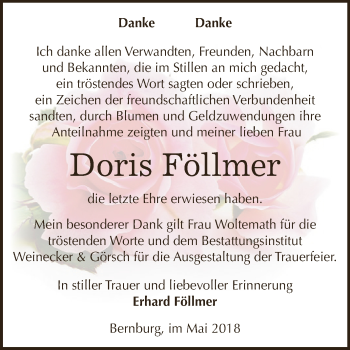 Traueranzeige von Doris Föllmer von Super Sonntag Bernburg