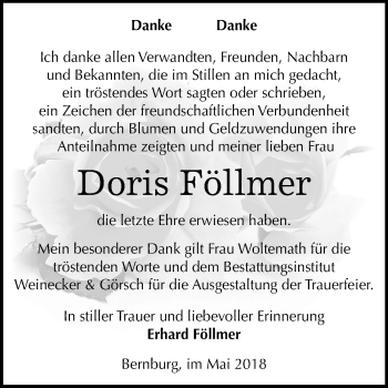 Traueranzeige von Doris Föllmer von Mitteldeutsche Zeitung Bernburg