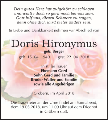Traueranzeige von Doris Hironymus von WVG - Wochenspiegel Bitterfeld
