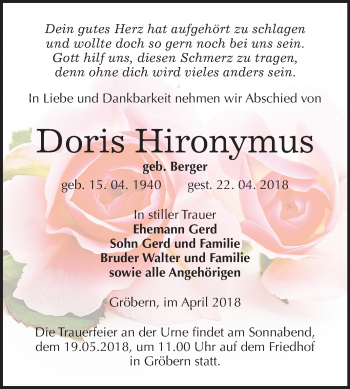 Traueranzeige von Doris Hironymus von Mitteldeutsche Zeitung Bitterfeld