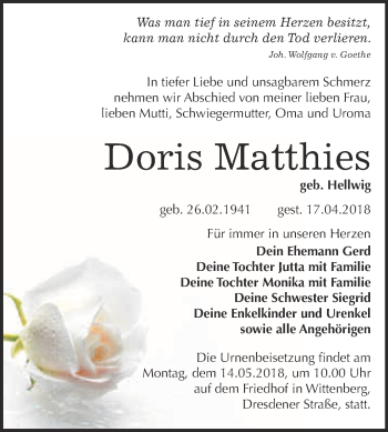 Traueranzeige von Doris Matthies von WVG - Wochenspiegel Wittenberg
