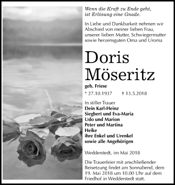 Traueranzeige von Doris Möseritz von Mitteldeutsche Zeitung Quedlinburg