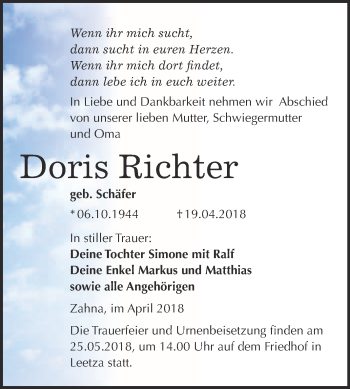 Traueranzeige von Doris Richter von Super Sonntag Wittenberg
