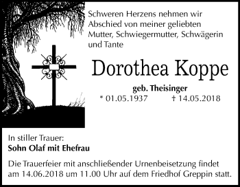 Traueranzeige von Dorothea Koppe von Mitteldeutsche Zeitung Bitterfeld