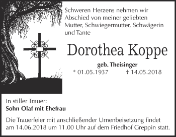 Traueranzeige von Dorothea Koppe von WVG - Wochenspiegel Bitterfeld