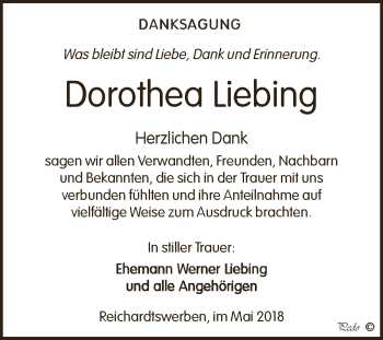 Traueranzeige von Dorothea Liebing von WVG - Wochenspiegel NMB / WSF / ZTZ