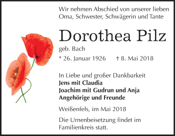 Traueranzeige von Dorothea Pilz von Mitteldeutsche Zeitung Weißenfels