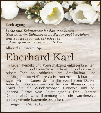 Traueranzeige von Eberhard Karl von WVG - Wochenspiegel SGH