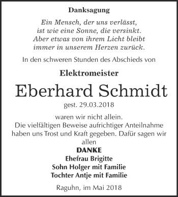 Traueranzeige von Eberhard Schmidt von WVG - Wochenspiegel Bitterfeld