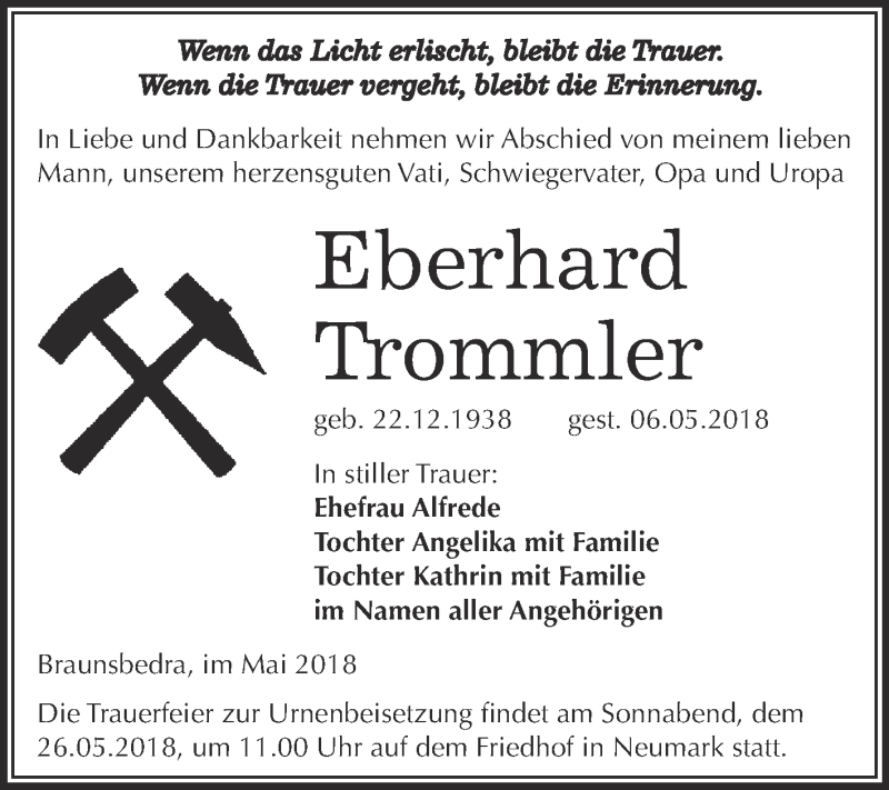  Traueranzeige für Eberhard Trommler vom 19.05.2018 aus WVG - Wochenspiegel Merseburg
