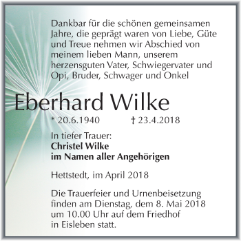 Traueranzeige von Eberhard Wilke von Mitteldeutsche Zeitung