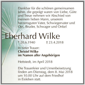 Traueranzeige von Eberhard Wilke von Wochenspiegel Mansfelder Land