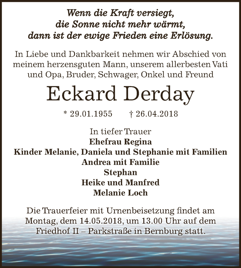  Traueranzeige für Eckard Derday vom 05.05.2018 aus Super Sonntag Bernburg
