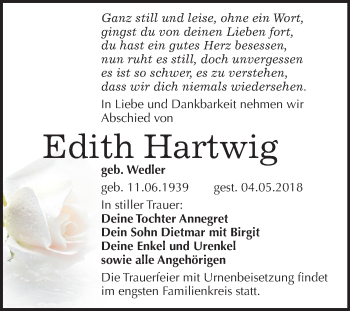Traueranzeige von Edith Hartwig von Mitteldeutsche Zeitung Bitterfeld