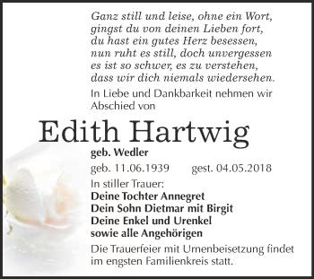 Traueranzeige von Edith Hartwig von WVG - Wochenspiegel Bitterfeld