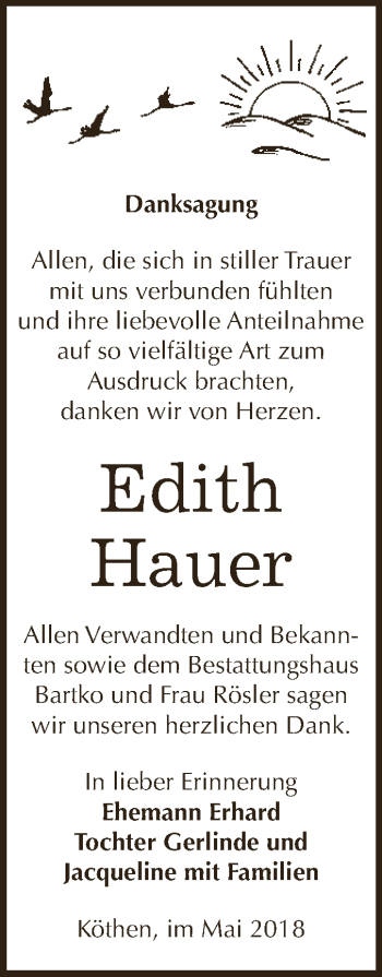 Traueranzeige von Edith Hauer von WVG - Wochenspiegel Dessau / Köthen