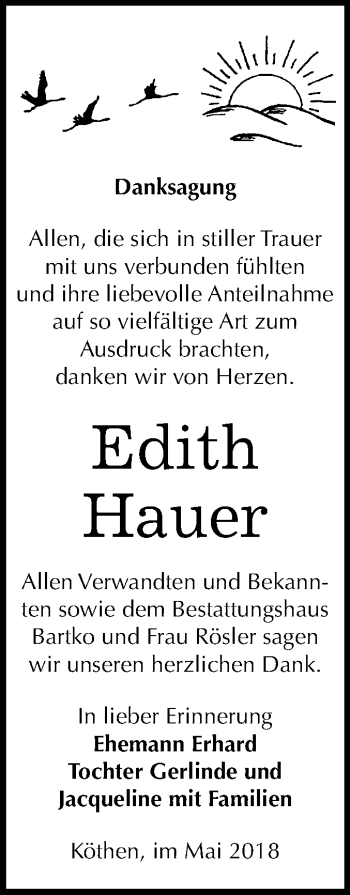 Traueranzeige von Edith Hauer von Mitteldeutsche Zeitung Köthen