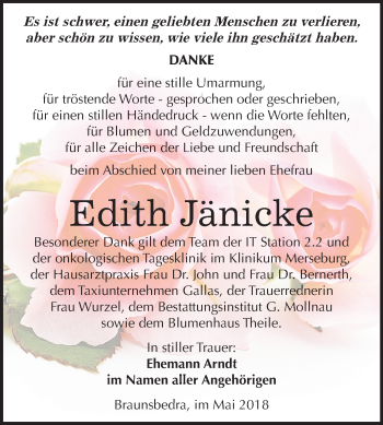 Traueranzeige von Edith Jänicke von Mitteldeutsche Zeitung Merseburg/Querfurt
